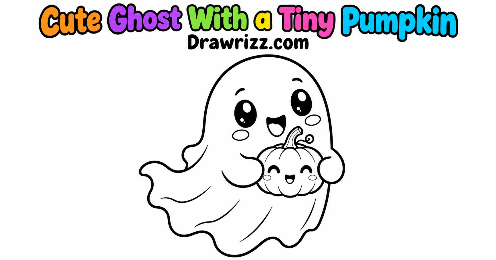 Halloween Doodle Ideas featuring a cute smiling ghost holding a tiny pumpkin in simple black-and-white coloring page art.