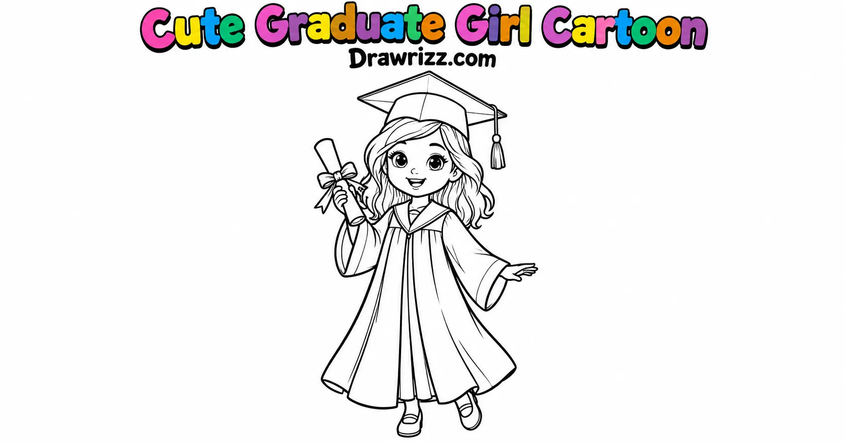 Graduation Drawing Ideas featuring a cute smiling graduate girl wearing a cap and gown, holding a diploma in black-and-white line art.