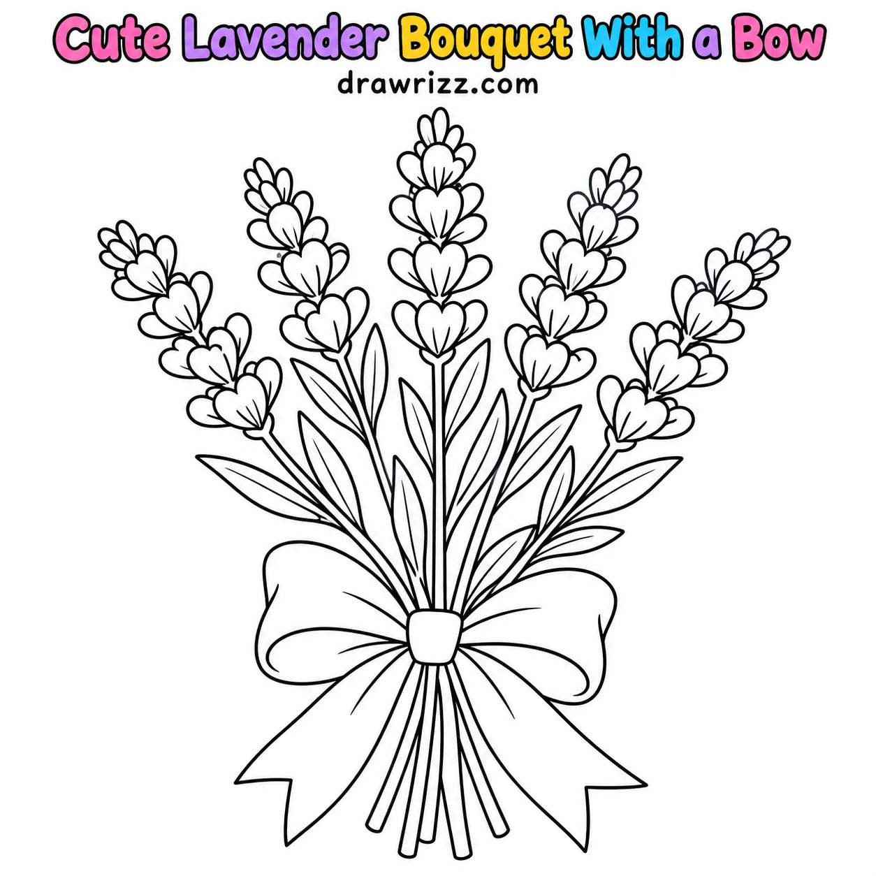 15 Lavender Drawing Ideas for Easy and Cute Flowers Lavender Drawing Ideas featuring five lovely lavender stems tied with a big bow, in clean black outlines for kids to color in.