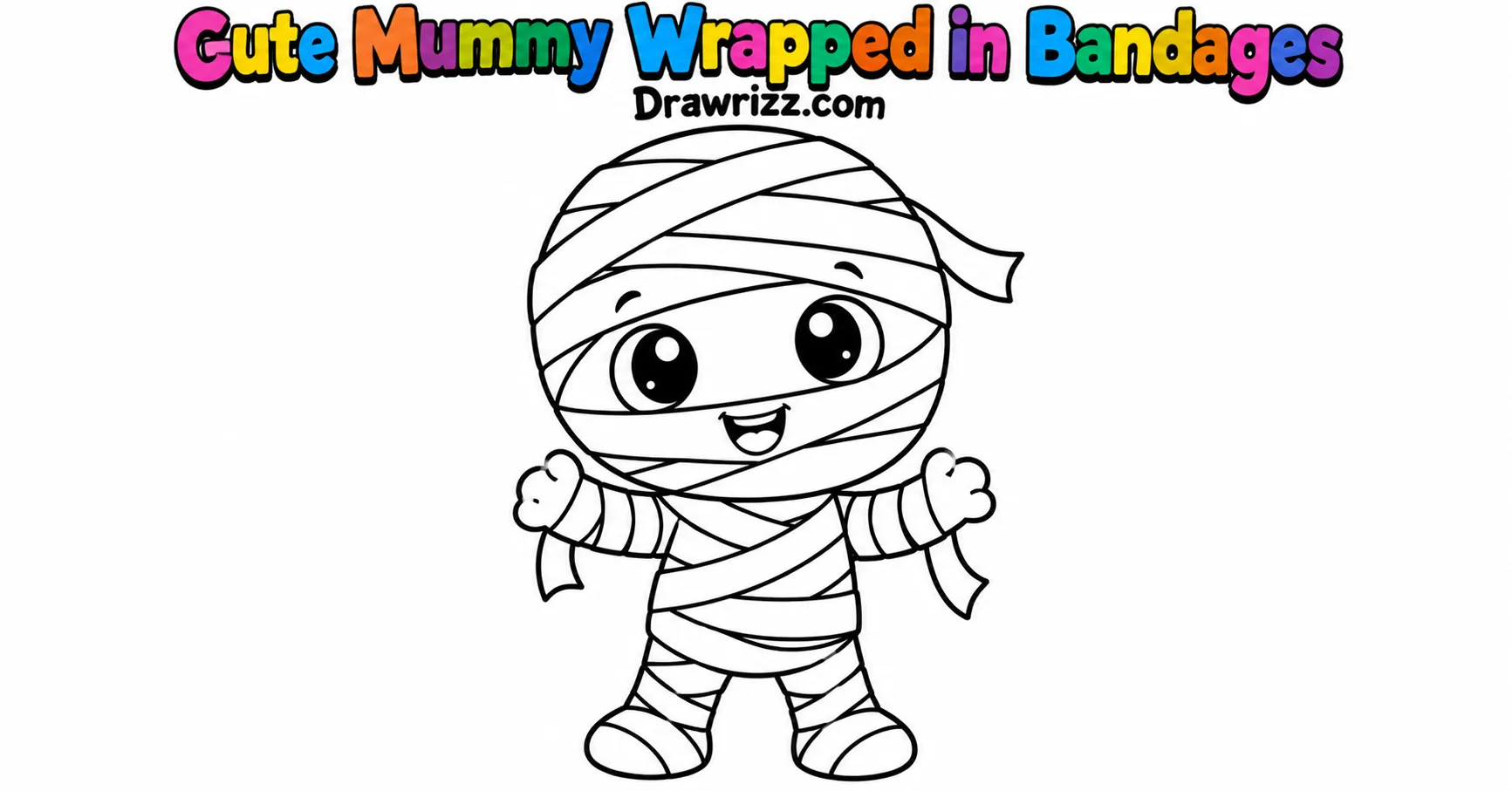 Halloween Doodle Ideas featuring a cute smiling mummy wrapped in bandages with big eyes, tiny arms, and easy black outlines to color.