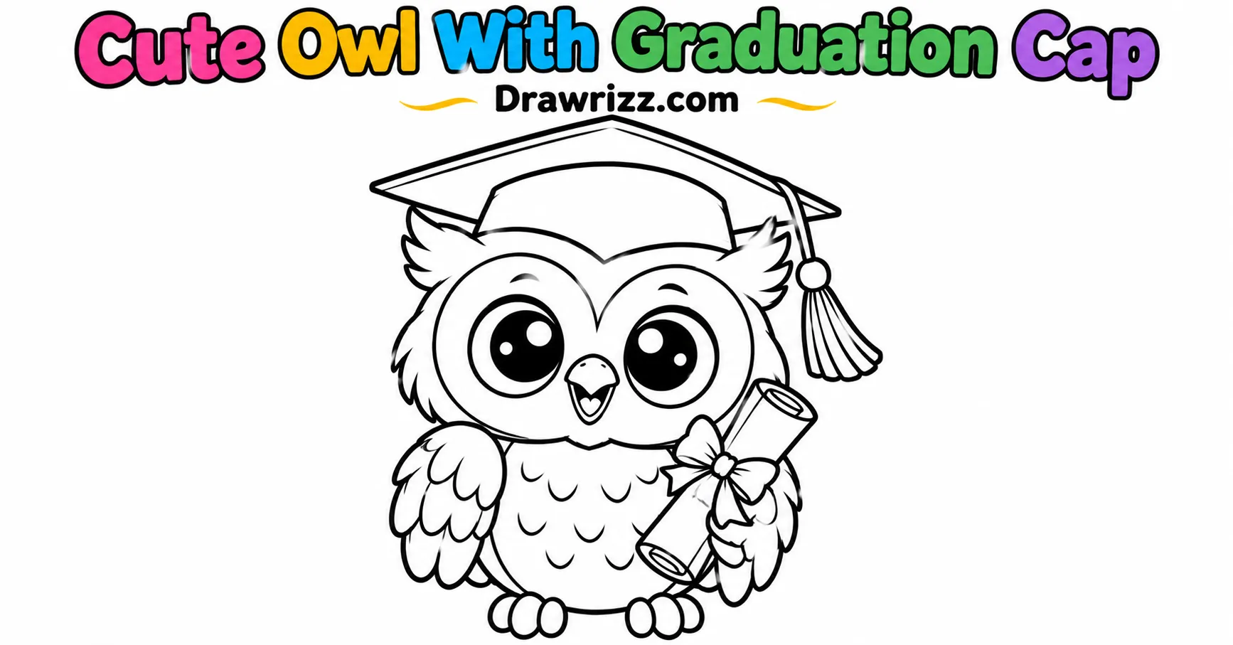 Graduation Drawing Ideas featuring a cute owl wearing a graduation cap and holding a diploma, with bold black-and-white outlines.