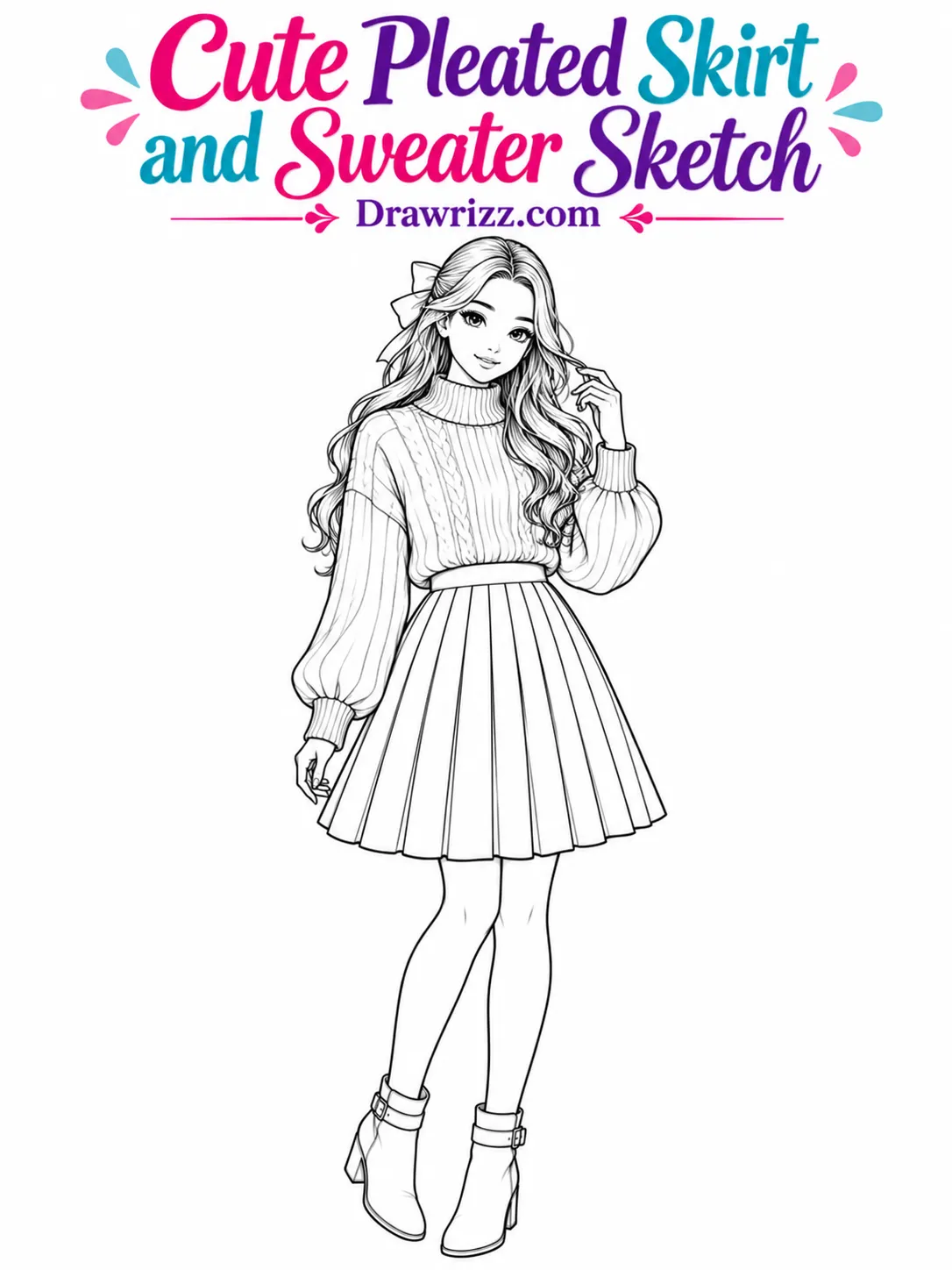 Fashion sketch drawing ideas featuring a girl in a knit sweater, pleated skirt, tights and ankle boots, ready for coloring.