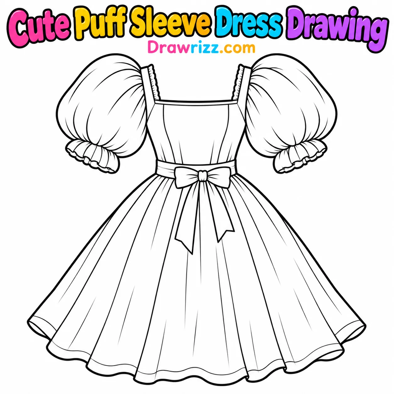 Dress Drawing Ideas featuring a cute puff sleeve dress with square neckline, waist bow and pleated skirt, easy coloring art for kids.
