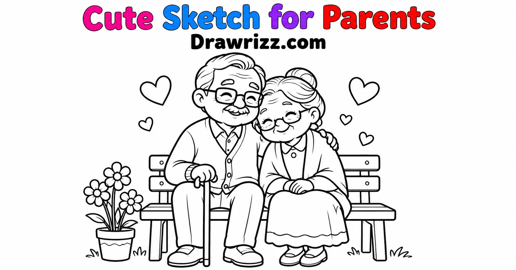 Anniversary drawing ideas with older couple on a bench, flowers and hearts in simple black and white coloring page line arts