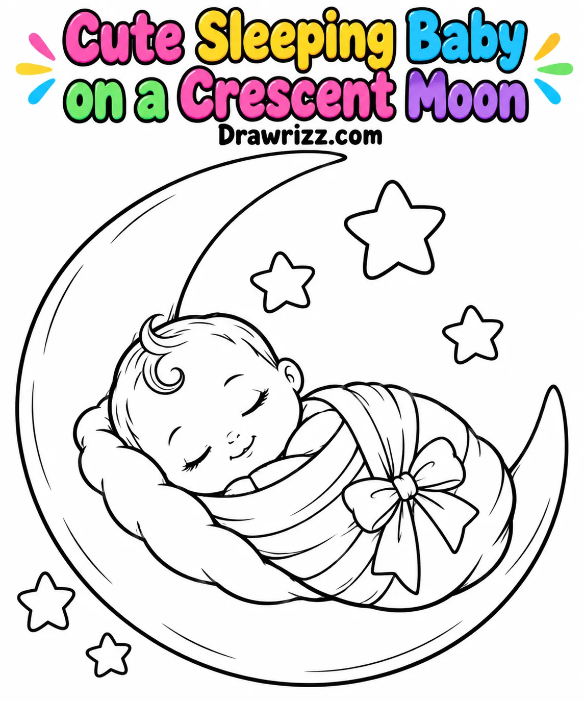 Baby shower drawing ideas featuring a cute swaddled sleeping newborn on a crescent moon with stars, perfect for kids to color