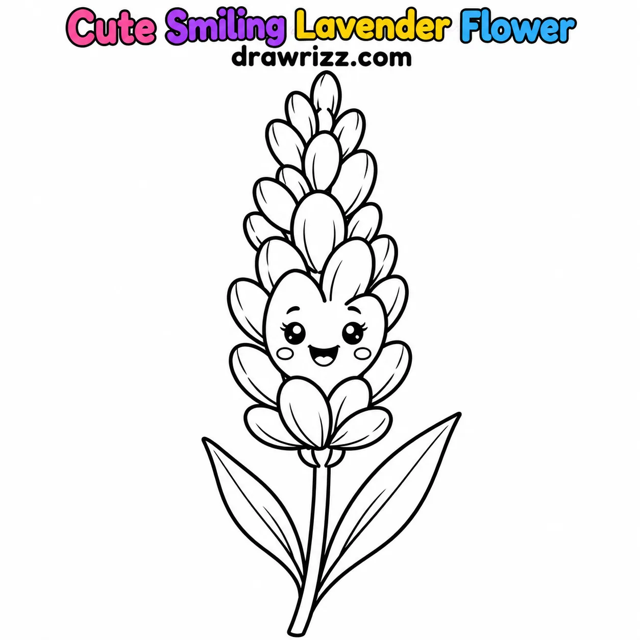 15 Lavender Drawing Ideas for Easy and Cute Flowers Lavender Drawing Ideas featuring a cute smiling lavender flower with rounded buds, happy face, slender stem and two leaves