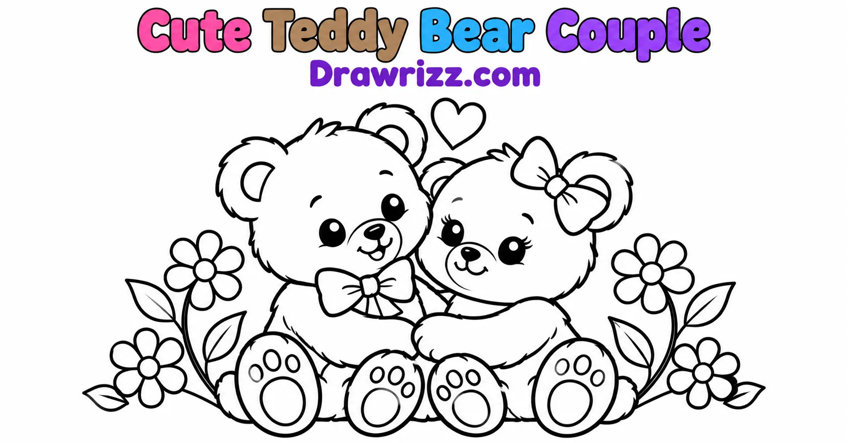 Anniversary drawing ideas with cute teddy bear couple, heart and flowers in black-and-white romantic coloring pages for kids
