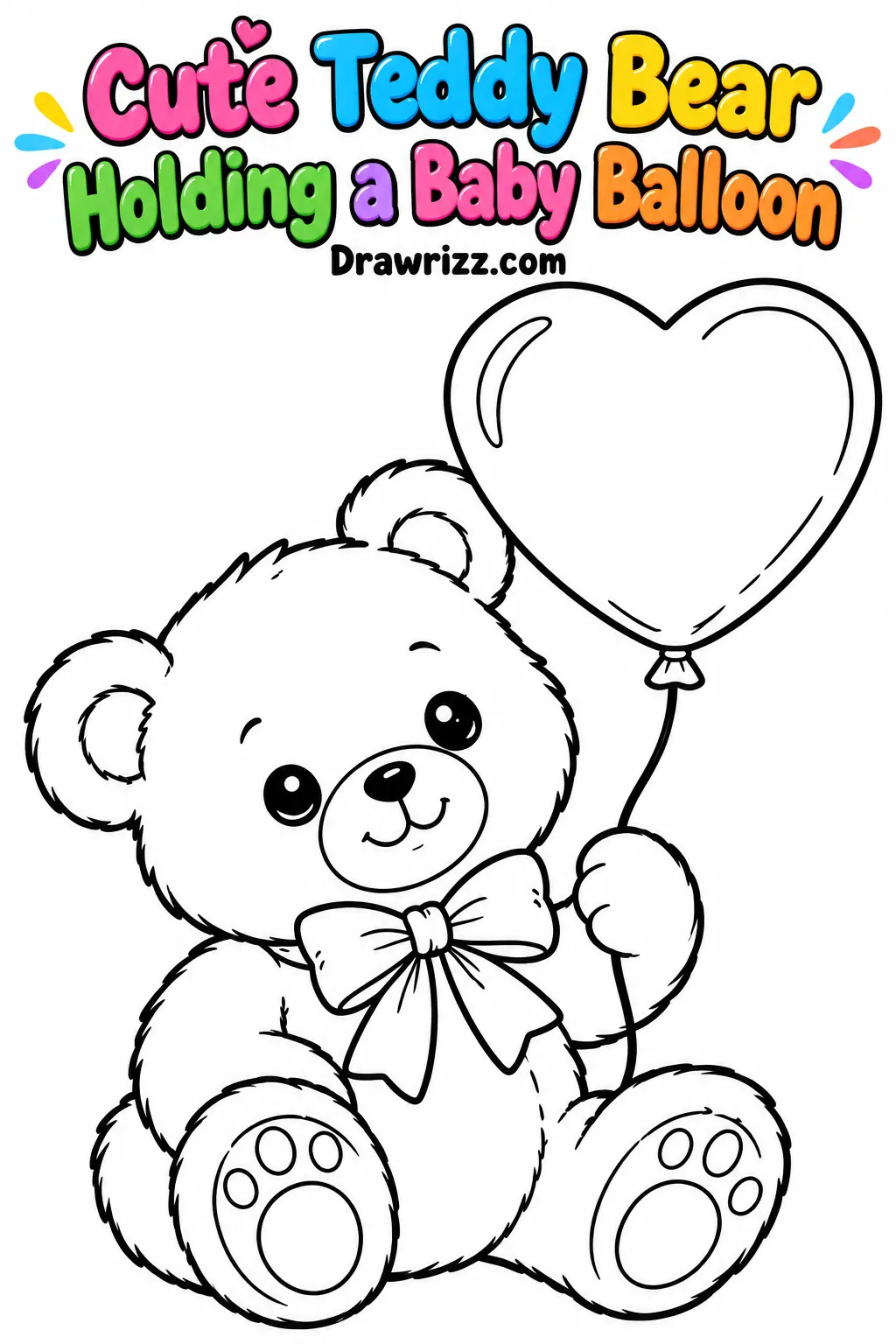 Cute teddy bear holding a heart balloon coloring page with a bow and smiling face, from baby shower drawing ideas for kids fun.