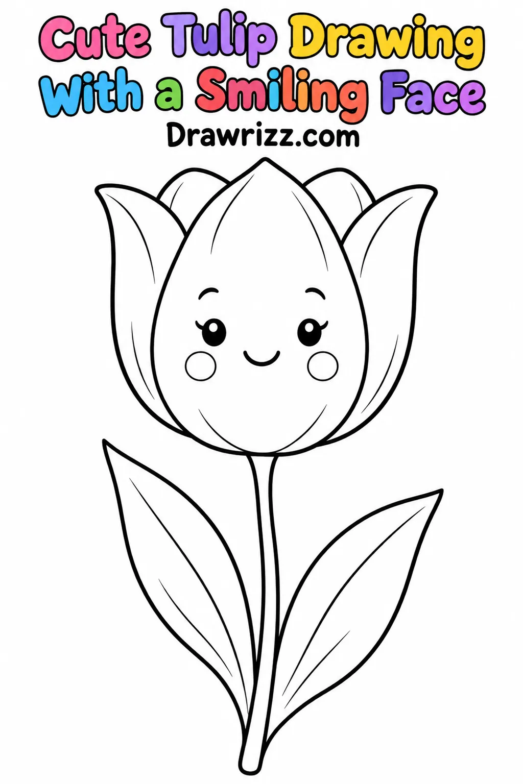 Tulip Drawing Ideas featuring a cute smiling tulip with round petals, tiny eyes, outlined cheeks, two leaves and clean lines.