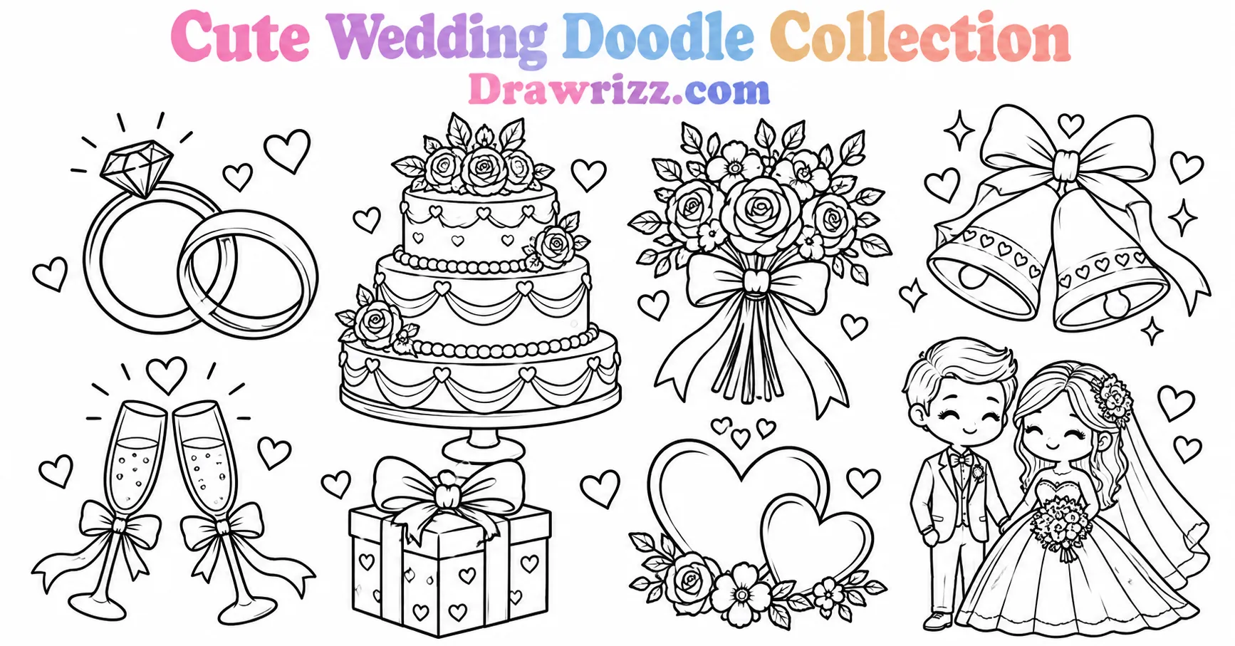 15 Wedding Drawing Ideas for Easy and Romantic Sketches Wedding drawing ideas featuring cute doodles of rings, cake, bouquet, bells, glasses, gift, hearts and a bride and groom couple.