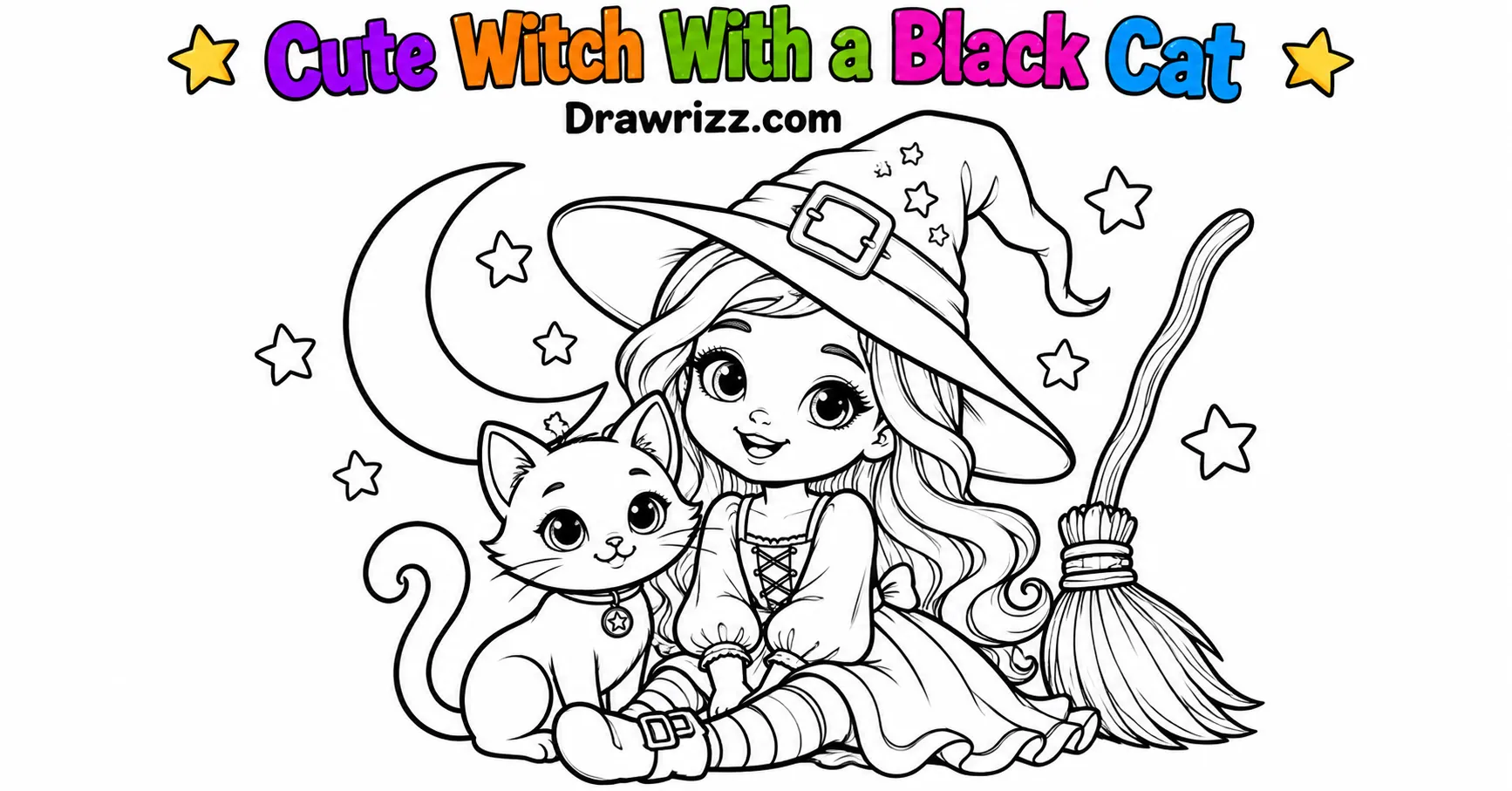 Witch drawing ideas featuring a cute smiling witch with a black cat, broomstick, crescent moon, and stars coloring page art.