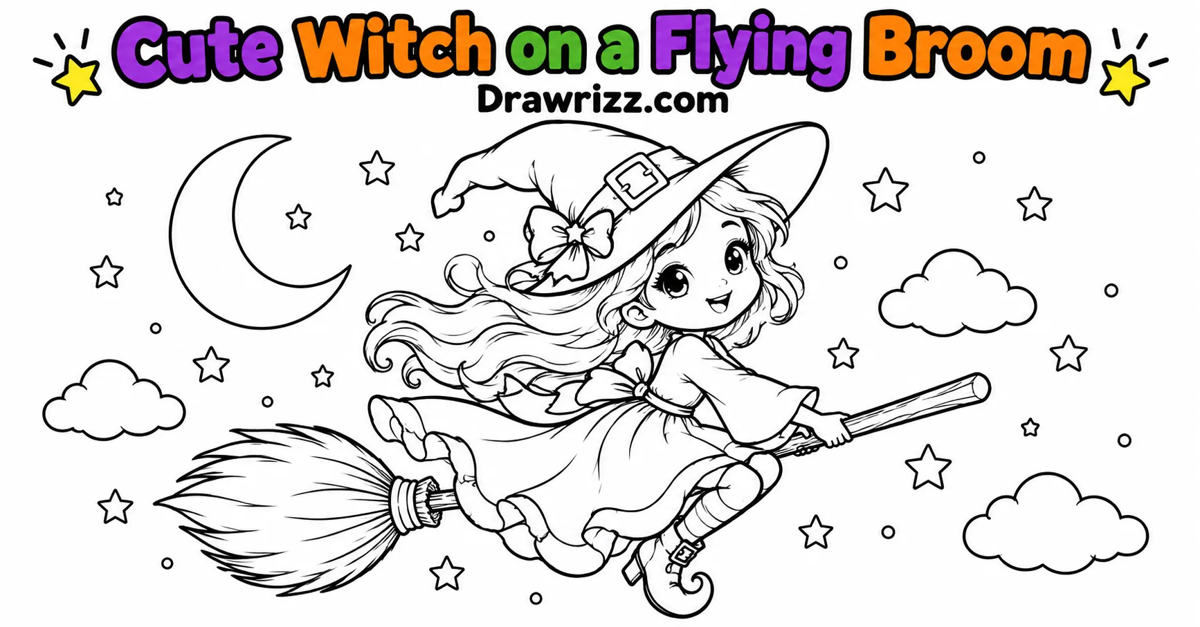 Witch drawing ideas featuring a cute smiling witch flying on a broom with a crescent moon, stars, clouds, and bold line art.