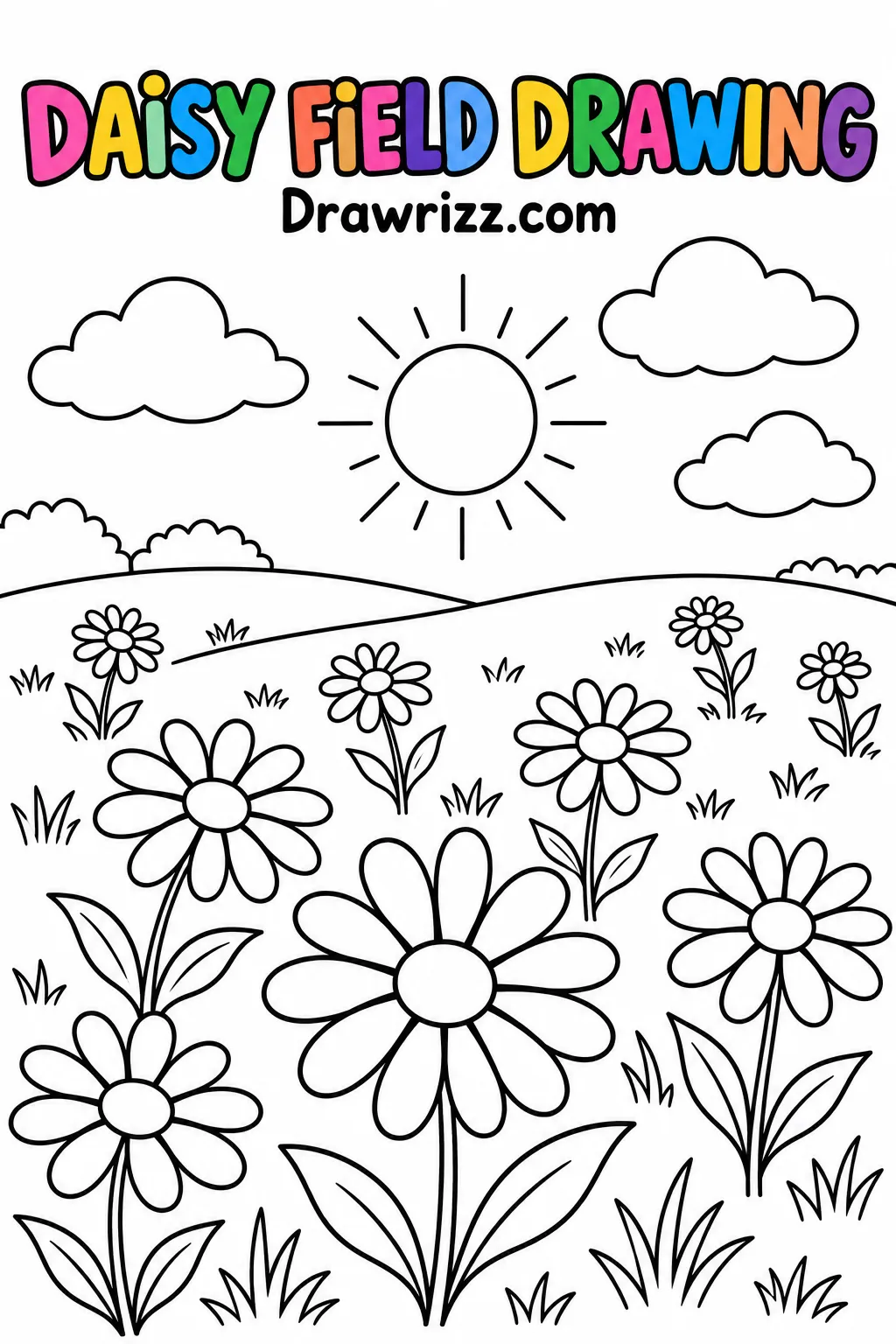 Daisy Drawing Ideas featuring nine daisies in a meadow with rolling hills, the sun, three clouds, and bold coloring outlines.