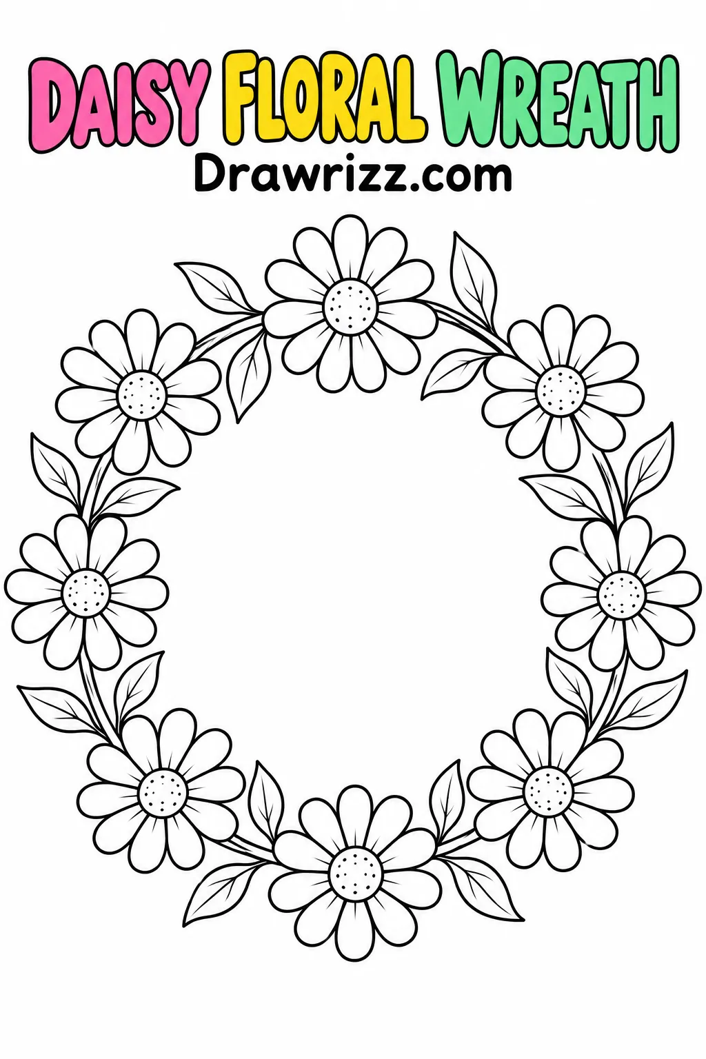 Daisy Drawing Ideas featuring a floral wreath of eight daisies, curved stems and delicate leaves in black and white coloring art.