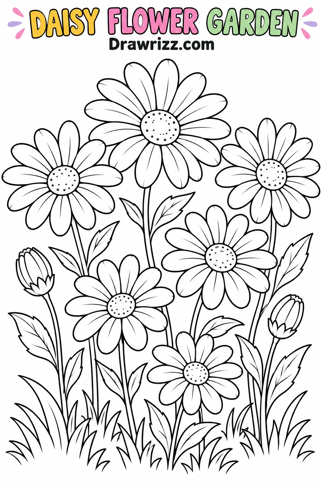Daisy Drawing Ideas featuring a cheerful flower garden with blooming daisies, two buds, leafy stems, and grass to color in.