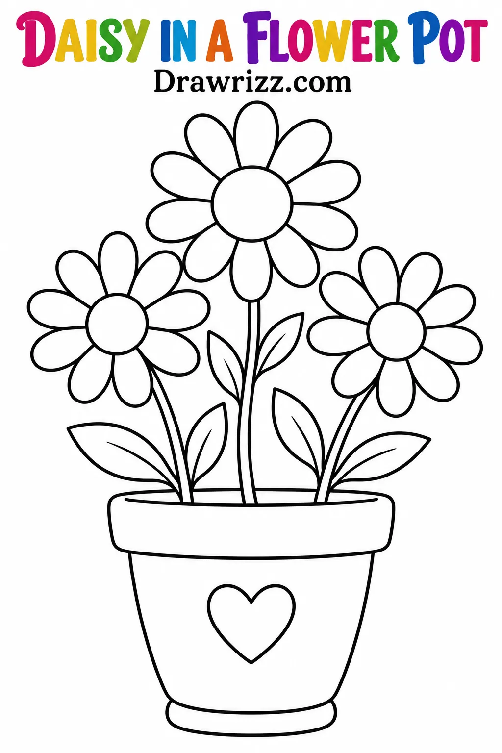 Daisy Drawing Ideas featuring three cute daisies in a flower pot with rounded petals, simple leaves, and a small heart outline.