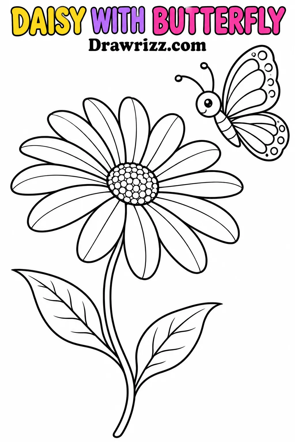 Daisy Drawing Ideas featuring a large outlined daisy with curved stem, two leaves, and a butterfly for a fun coloring page.