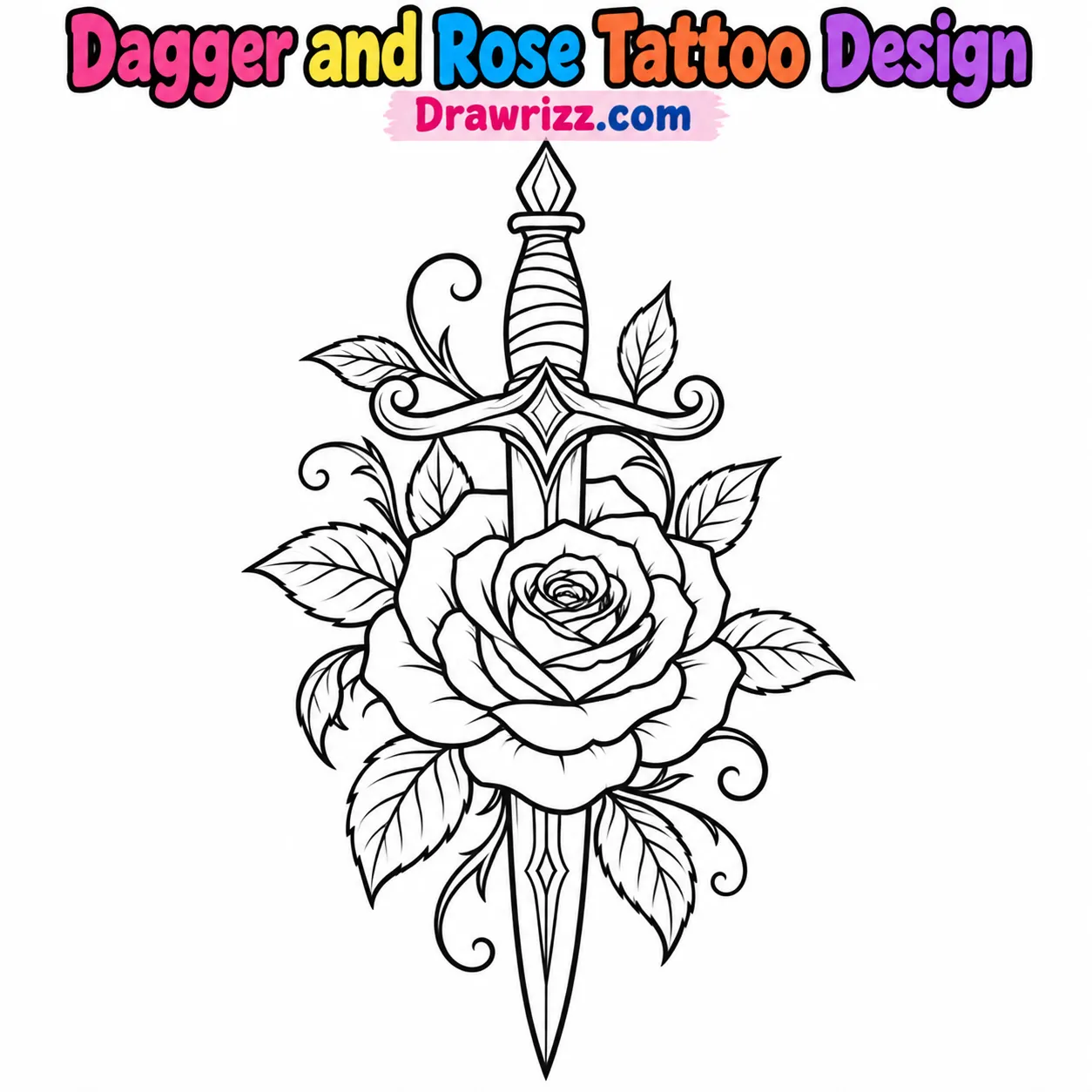15 Tattoo Sketch Drawing Ideas for Creative Beginners Tattoo Sketch Drawing Ideas featuring a dagger and rose tattoo design with ornate blade, blooming rose, curling leaves and bold art.