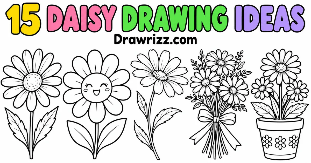 Daisy Drawing Ideas featuring five cute black and white daisy sketches, including a smiling flower, bouquet, and potted daisies