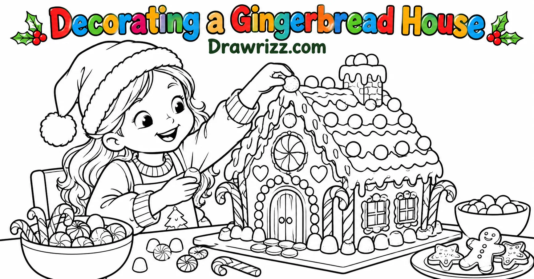 Christmas Celebration Drawing Ideas featuring a child decorating a gingerbread house with candy canes and festive sweets.