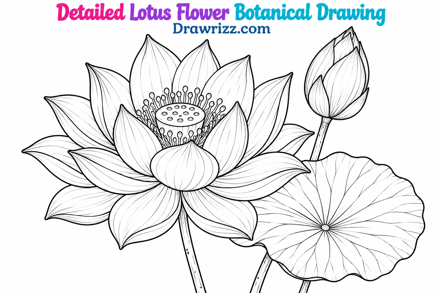 15 Easy Lotus Drawing Ideas for Beginners and Kids Lotus Drawing Ideas featuring a detailed blooming lotus, unopened bud, and broad veined leaf in black botanical line art.