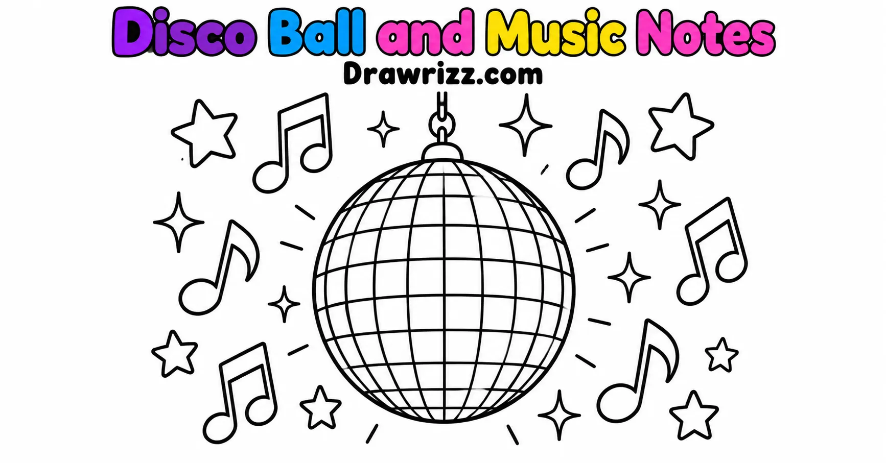 Party Drawing Ideas featuring a disco ball with music notes, stars and sparkling details for a fun and easy celebration sketch.