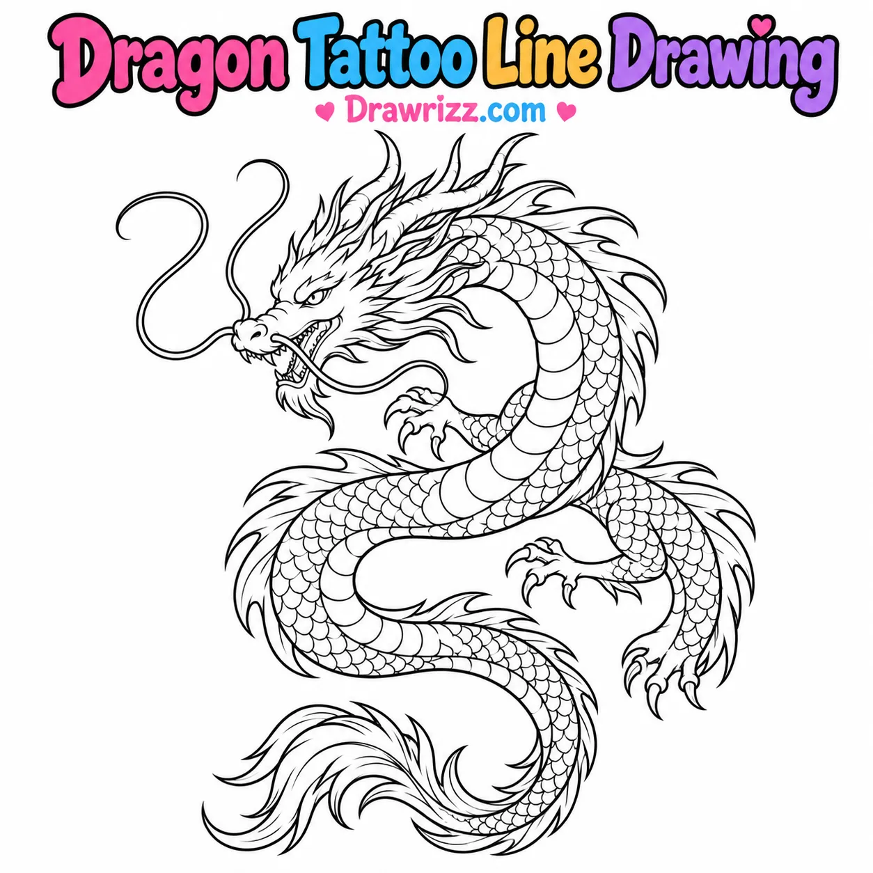 15 Tattoo Sketch Drawing Ideas for Creative Beginners Tattoo Sketch Drawing Ideas featuring a dragon tattoo with curved horns, detailed scales, sharp claws and a curled tail in line art.