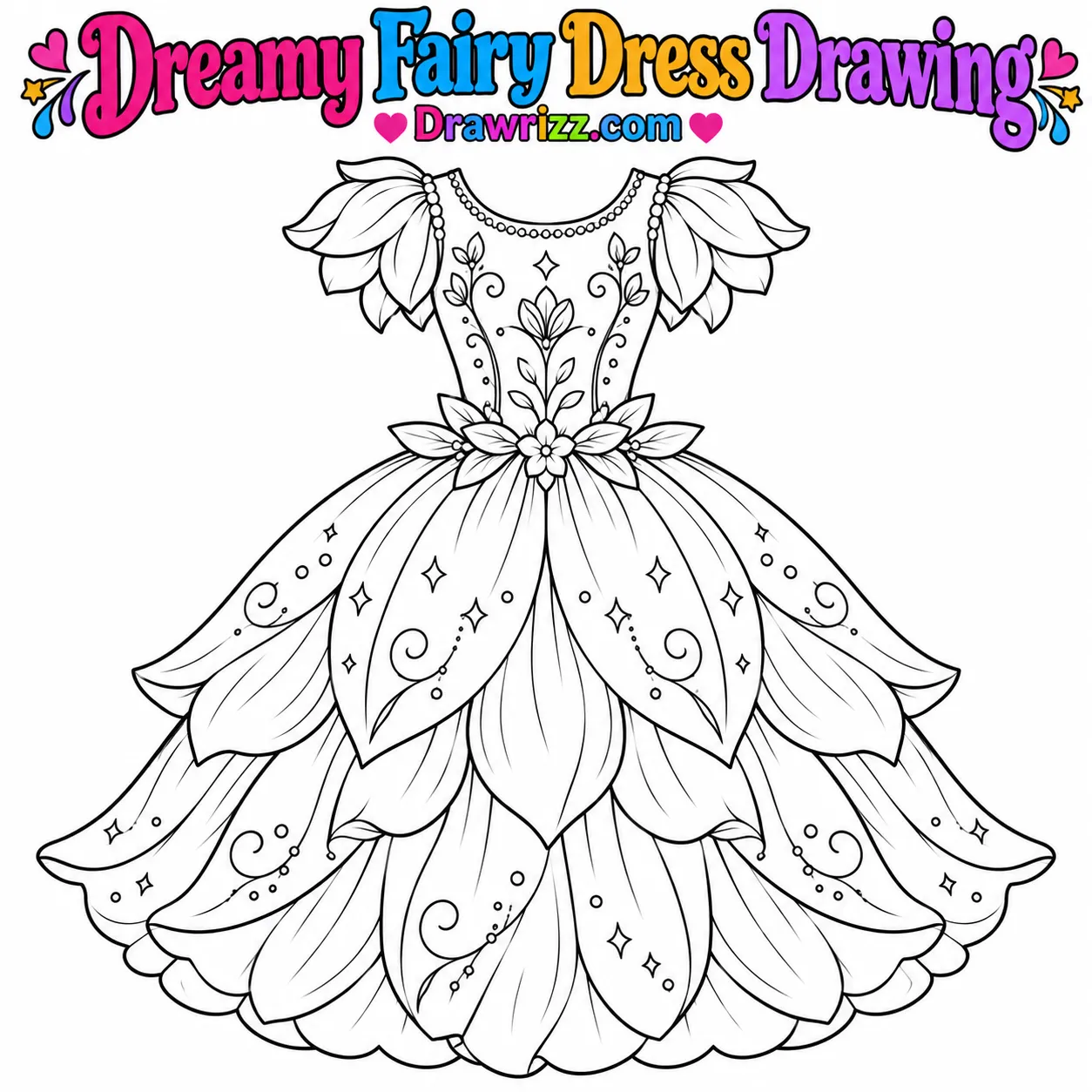 Dress Drawing Ideas featuring a dreamy fairy gown with petal sleeves, floral waistband, layered skirt and stars for easy coloring.