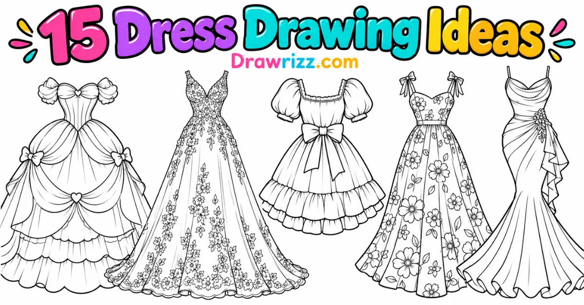 Dress Drawing Ideas featuring princess gowns, wedding dresses, puff sleeve styles, floral summer outfits and mermaid dress sketches.
