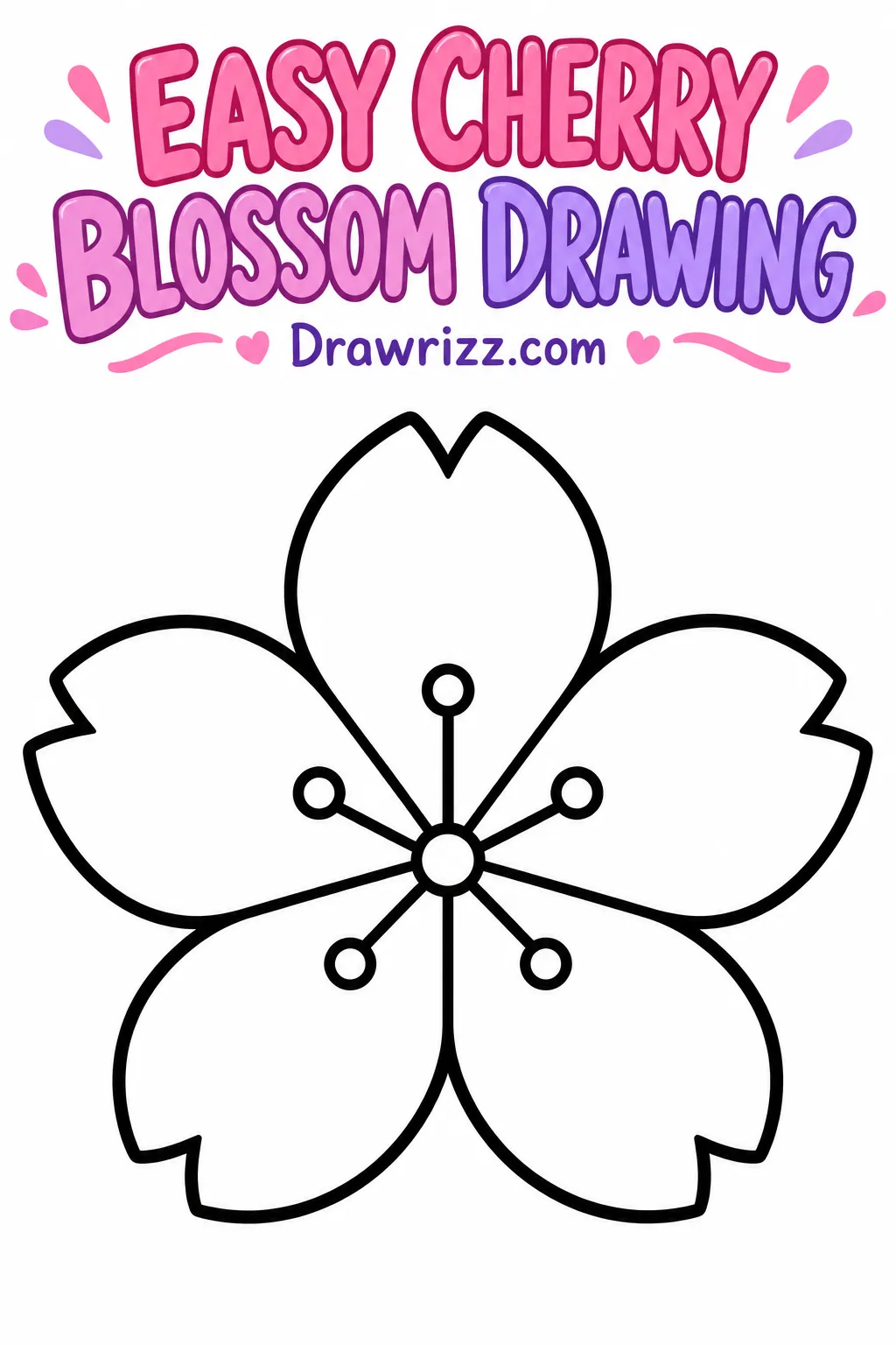 Cherry Blossom Drawing Ideas featuring an easy five-petal sakura flower outline, perfect for kids' printable coloring pages.