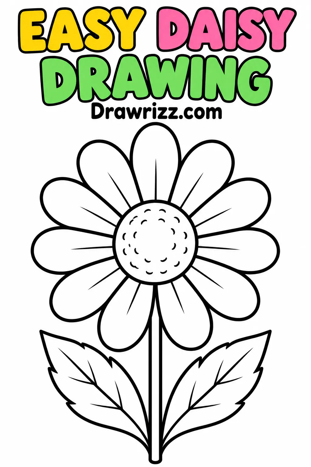 Daisy Drawing Ideas featuring an easy black and white daisy with ten rounded petals, a round center, stem, and two leaves. DIY