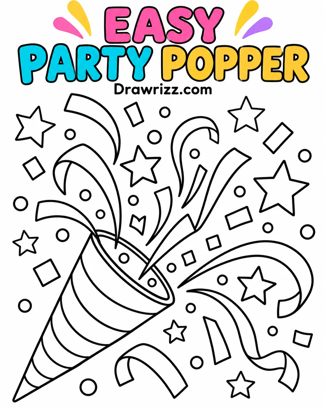 Confetti Drawing Ideas featuring an easy party popper bursting with stars, circles, ribbons, and festive shapes to color.