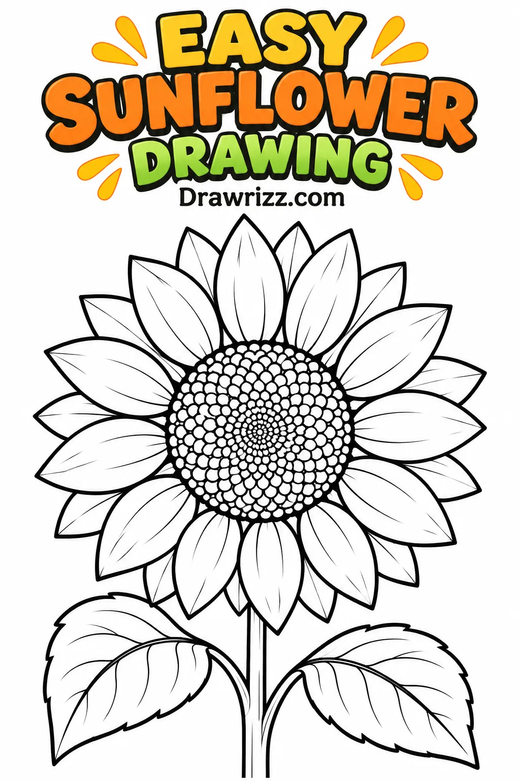 Sunflower drawing ideas featuring an easy black and white sunflower with bold petals, detailed center, stem, and leaves to color.