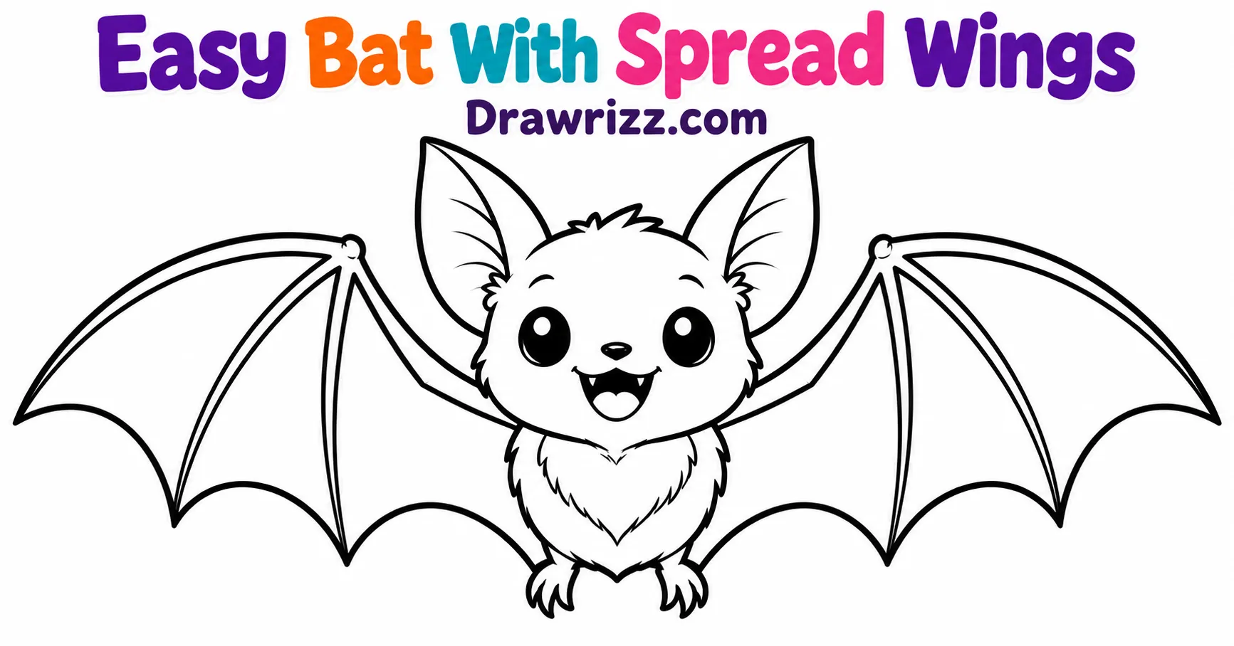 15 Bat Drawing Ideas for Cute and Easy Sketches Bat Drawing Ideas featuring a cute smiling bat with spread wings, big ears, tiny feet, and bold black outlines for easy coloring.