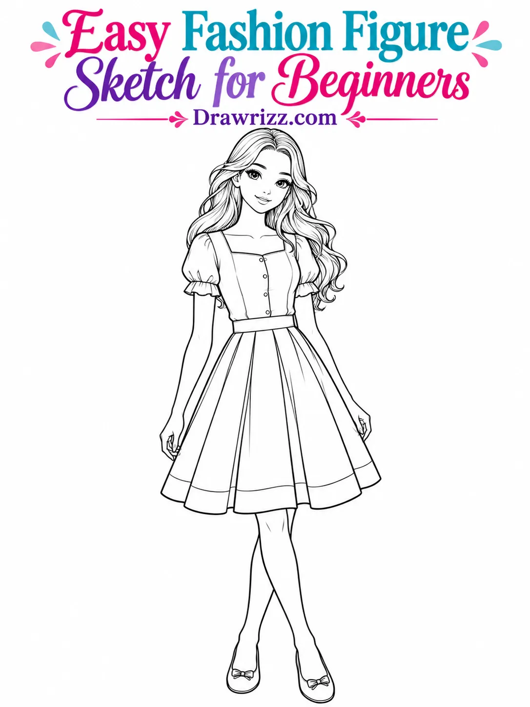 Fashion sketch drawing ideas featuring a beginner-friendly girl in a blouse, A-line skirt and flats, outlined for coloring art