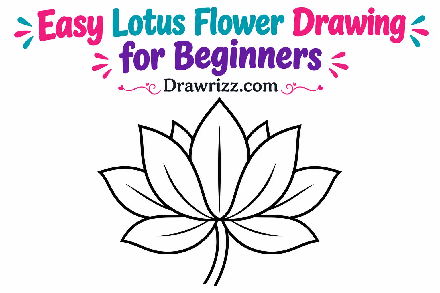 15 Easy Lotus Drawing Ideas for Beginners and Kids Lotus Drawing Ideas featuring an easy lotus flower with bold black outlines, pointed petals, and a curved stem for coloring