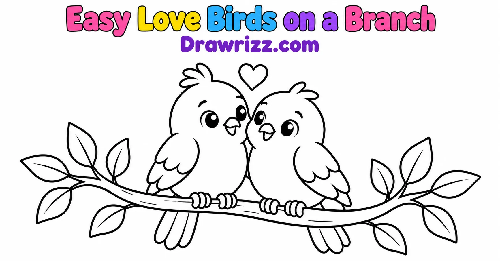 Anniversary drawing ideas featuring cute love birds on a leafy branch with a heart, simple black-and-white romantic coloring page.