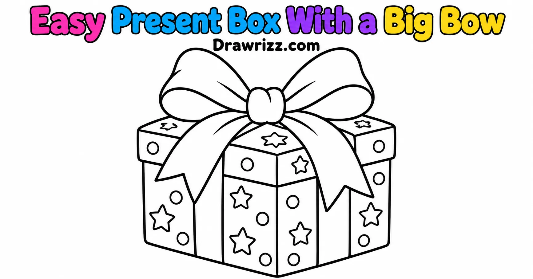 Gift Drawing Ideas featuring an easy present box with a big bow, stars and dots in a simple black-and-white coloring page style.