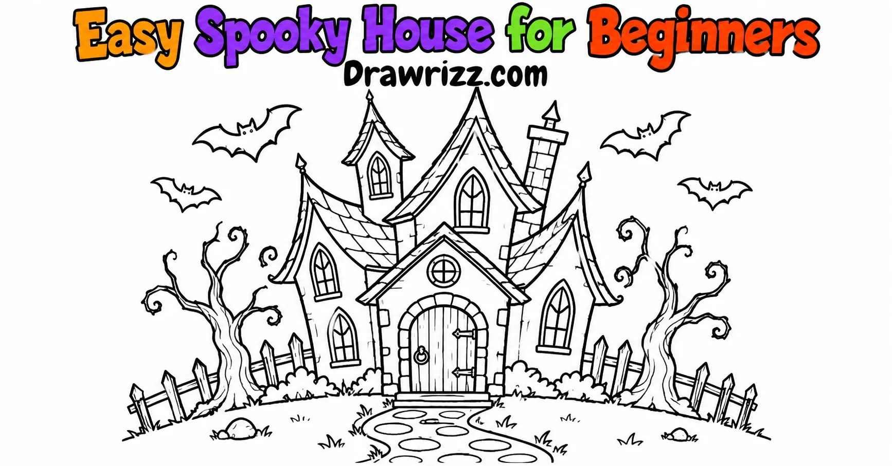 Haunted house drawing ideas featuring an easy crooked spooky home, pointed roofs, bats, narrow windows and a winding pathway.