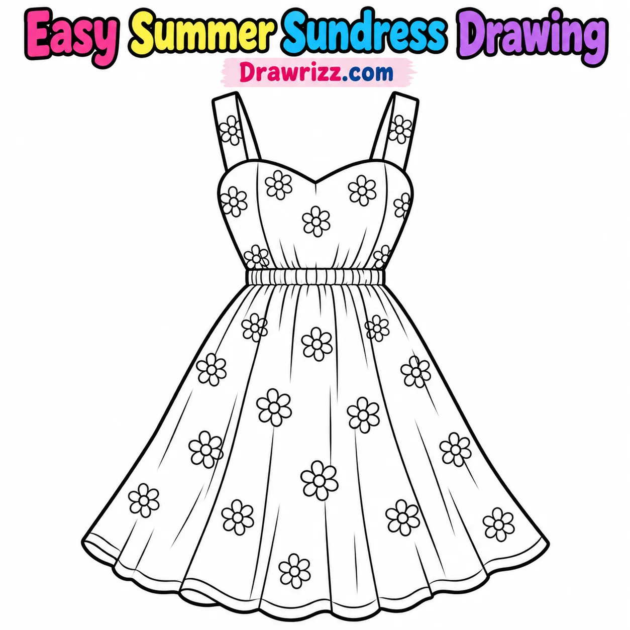 Dress Drawing Ideas featuring an easy summer sundress with daisy flowers, shoulder straps, and flowing skirt for coloring art.