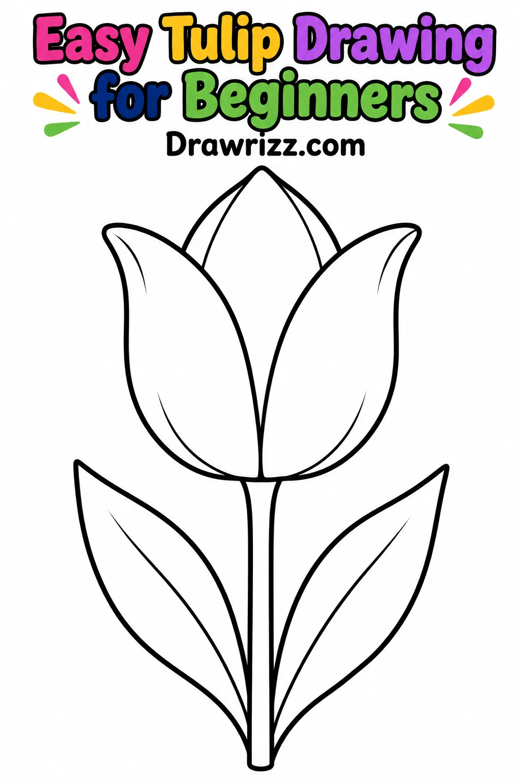 Tulip Drawing Ideas featuring an easy tulip with three petals, straight stem and two leaves in black and white coloring art.