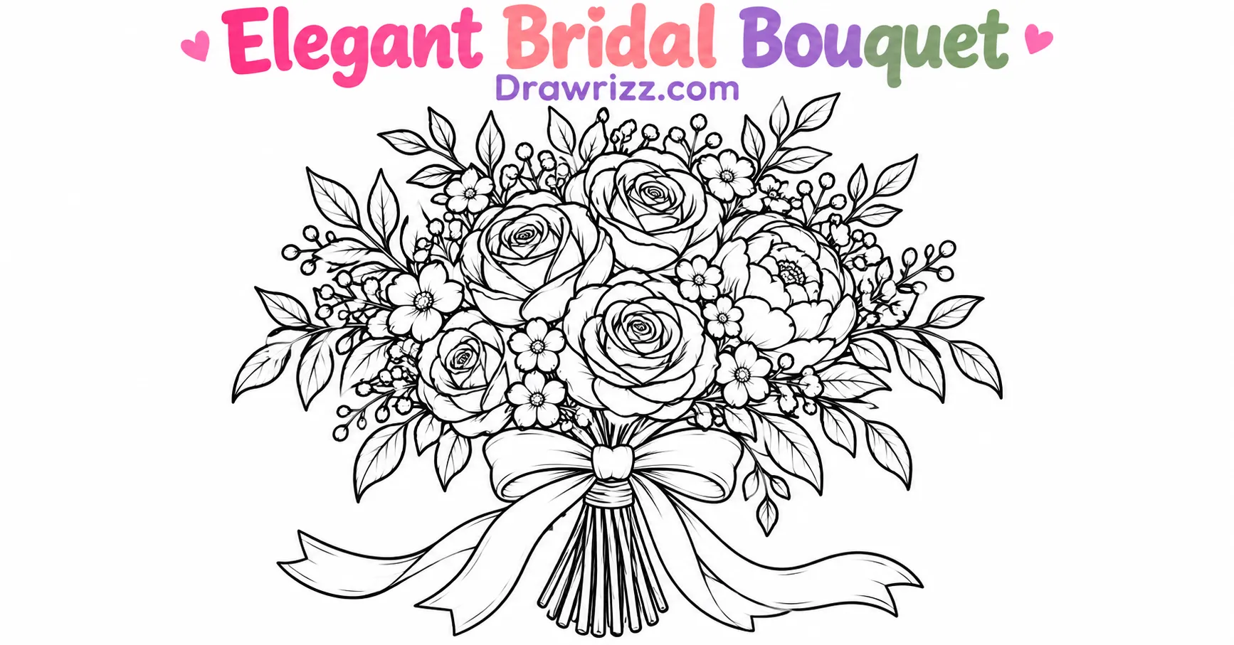 15 Wedding Drawing Ideas for Easy and Romantic Sketches Wedding drawing ideas featuring an elegant bridal bouquet with roses, peonies, flowers, leafy stems and ribbon in black-and-white line art