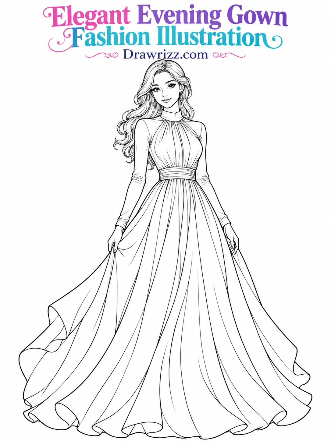 Fashion sketch drawing ideas show an elegant evening gown with long sleeves, high neckline, fitted waist, and flowing pleats.