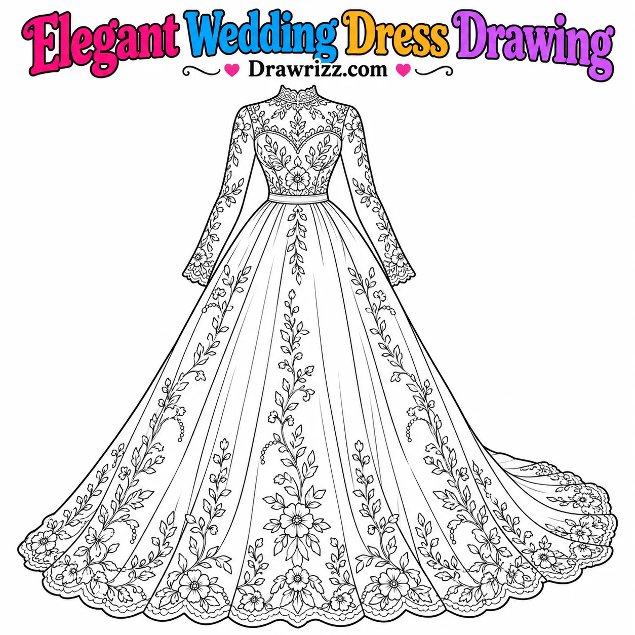Dress Drawing Ideas featuring an elegant wedding gown with lace sleeves, floral embroidery, flowing skirt and bridal train to color.