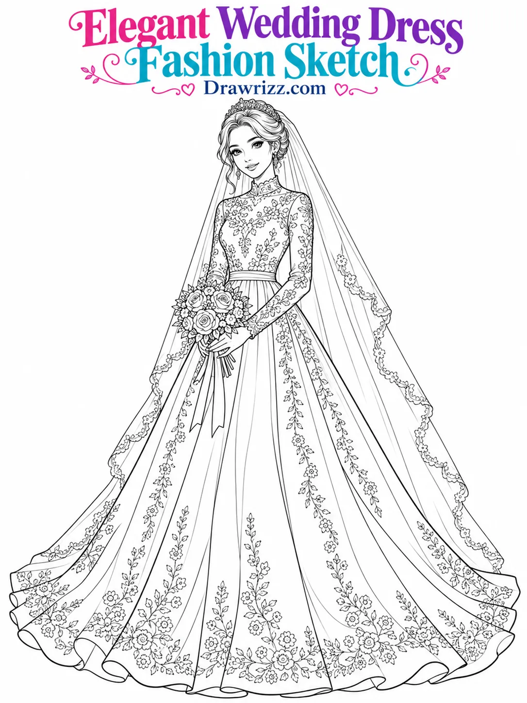 Fashion sketch drawing ideas featuring a bridal gown with floral lace sleeves, high neckline, long veil and flowing skirt art.