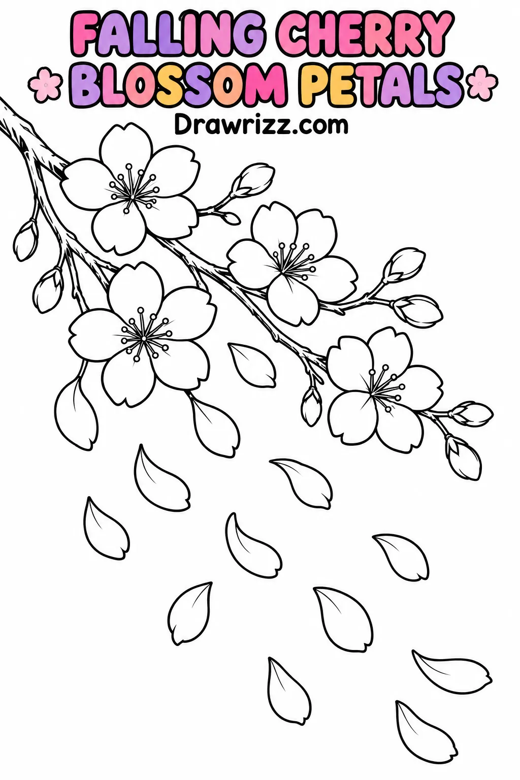 Cherry Blossom Drawing Ideas featuring a spring sakura branch with falling petals, perfect for printable flower coloring art.