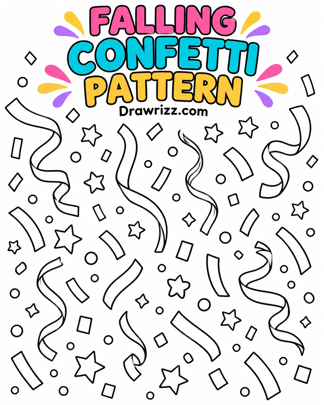 Confetti Drawing Ideas featuring a falling pattern of outlined stars, circles, diamonds, squares, and ribbons for easy coloring.