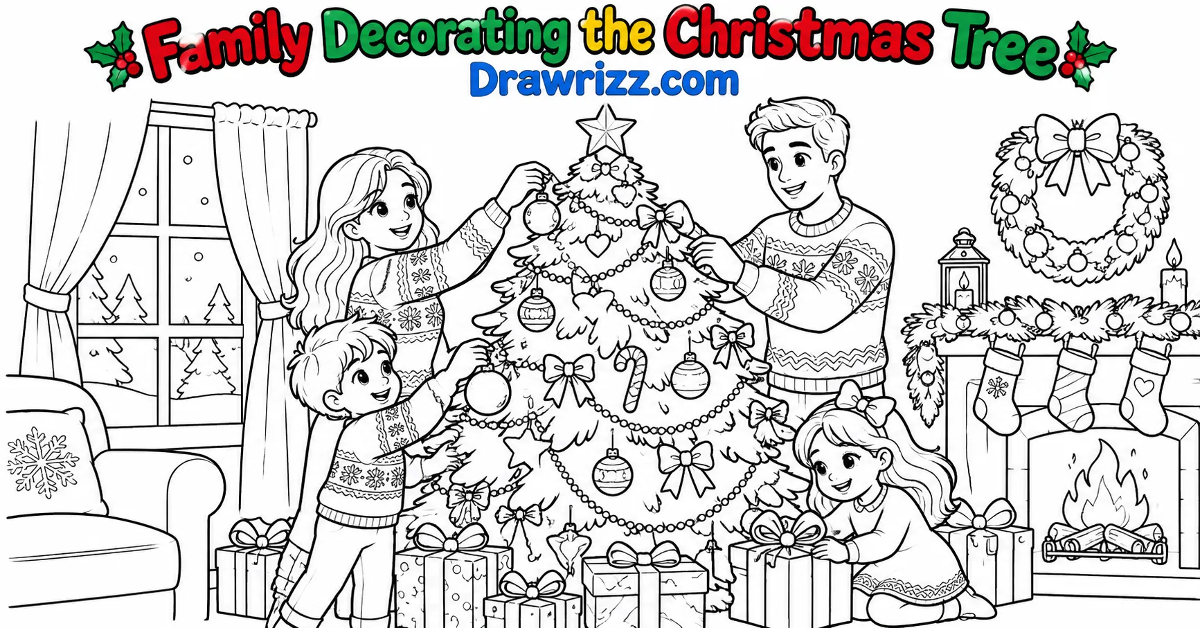 Christmas Celebration Drawing Ideas featuring a happy family decorating a Christmas tree with ornaments, gifts, and festive decor.