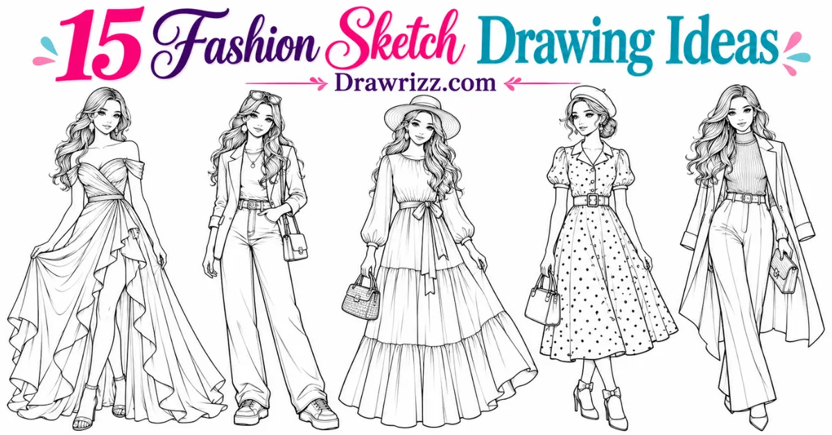 Fashion sketch drawing ideas with five black-and-white outfits: evening gown, jeans, maxi dress, vintage wear, runway styles