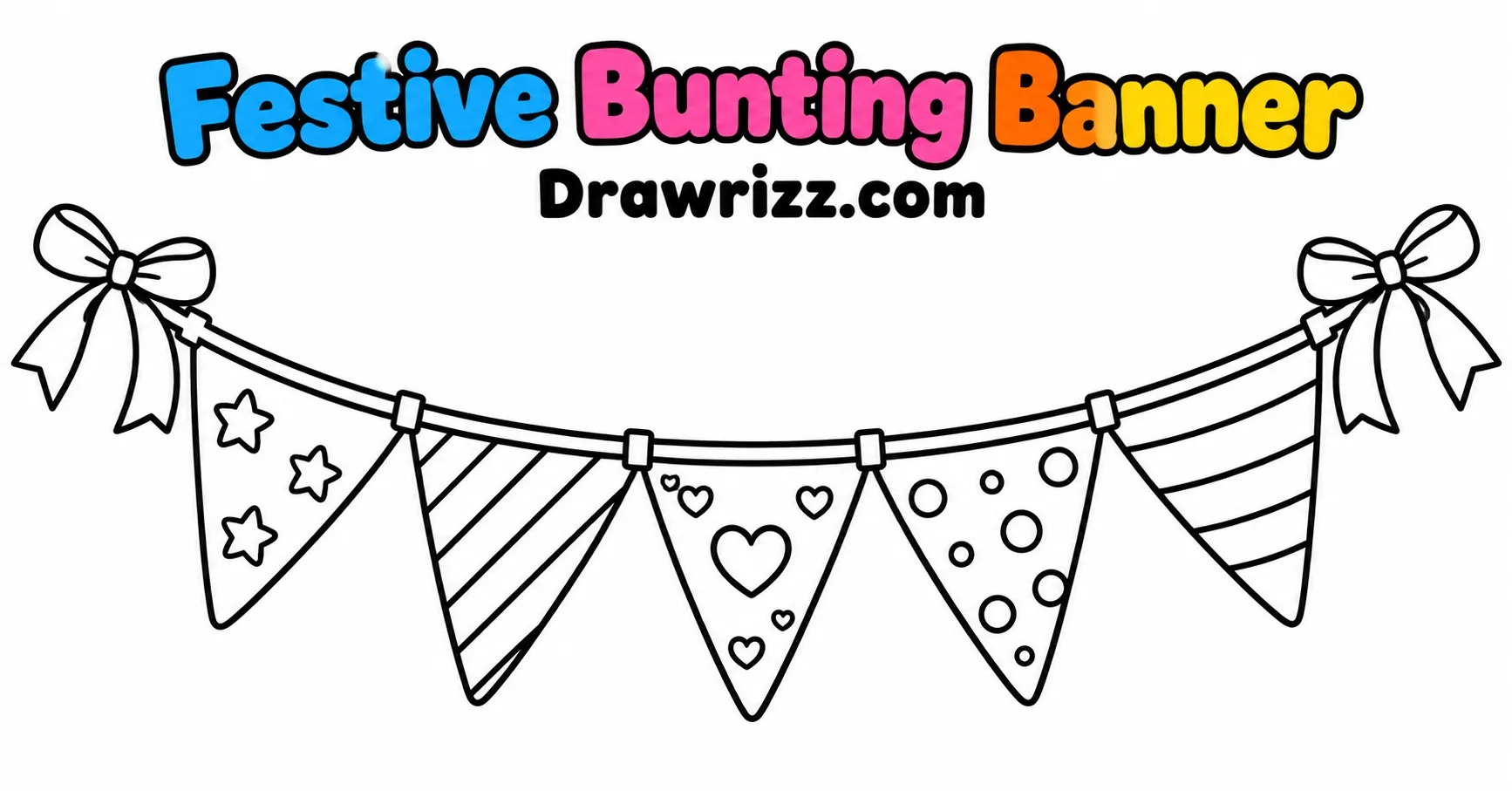 Party Drawing Ideas featuring a festive bunting banner with bows, stars, stripes, hearts and dots in easy black-and-white outlines.